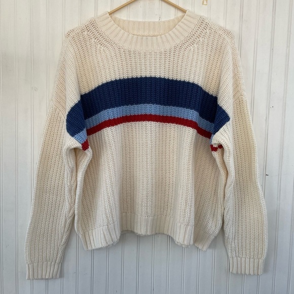 American Eagle Women's Cream Blue Striped Oversized Wide Knitted Sweater SMALL - Picture 1 of 7